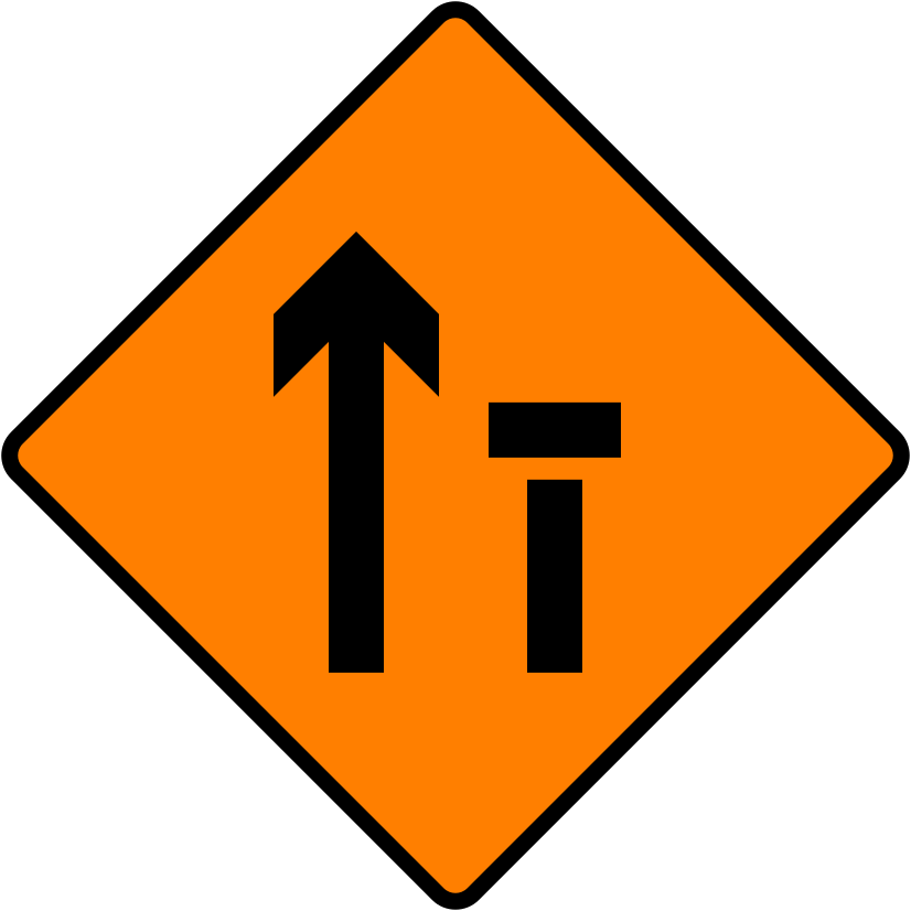 A common road sign in Ireland for lane 2 of 2 closed (level 1). Driving Theory Test revision.