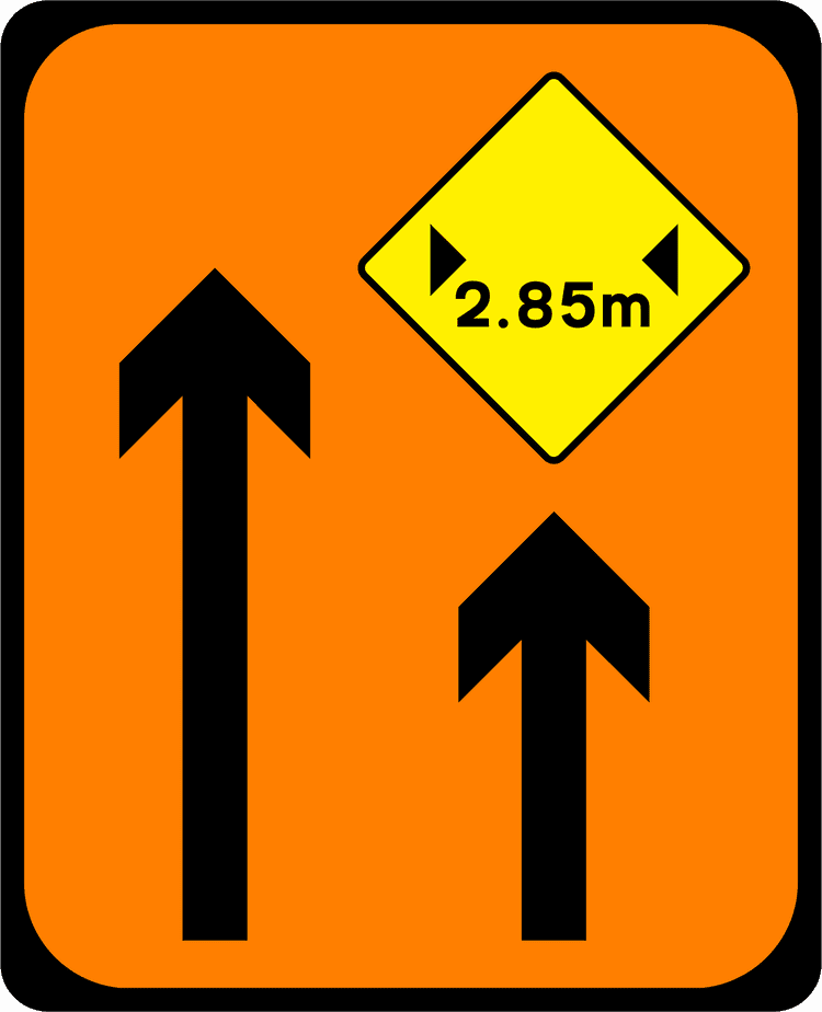 Irish Traffic Sign: Lane 2 of 2 Narrow (advance) A common road sign in Ireland for lane 2 of 2 narrow (advance). Driving Theory Test revision.