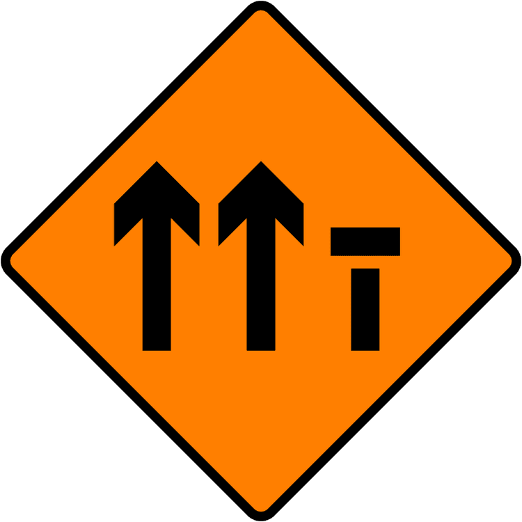A common road sign in Ireland for lane 3 of 3 closed (level 1). Driving Theory Test revision.