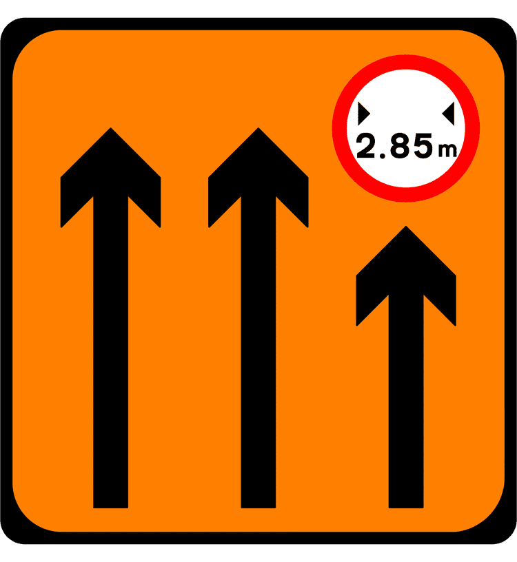 A common road sign in Ireland for lane 3 of 3 narrow. Driving Theory Test revision.