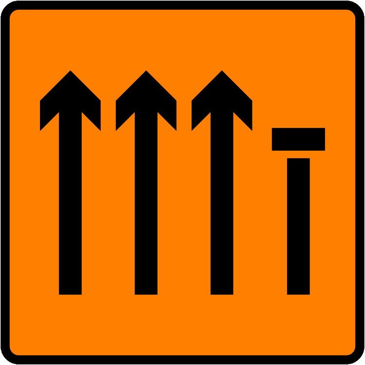 A common road sign in Ireland for lane 4 of 4 closed (level 3). Driving Theory Test revision.