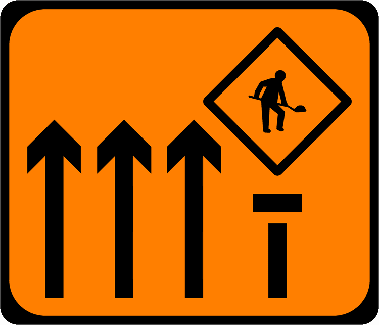 A common road sign in Ireland for lane 4 of 4 closed mlc. Driving Theory Test revision.