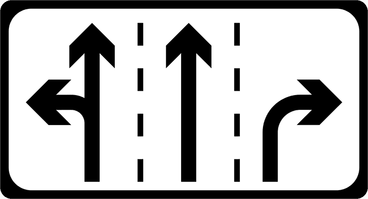 A common road sign in Ireland for lane diverge (three lanes). Driving Theory Test revision.