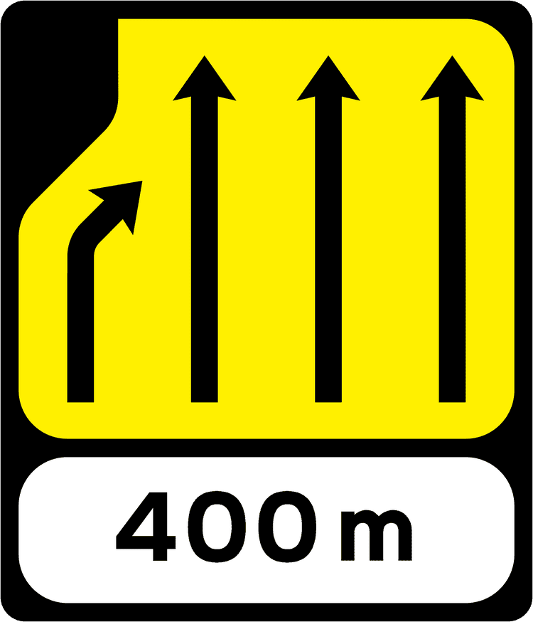 A triangular warning traffic sign in Ireland depicting lane loss (four to three lanes) - left (with 400m panel). Memorize for DTT.