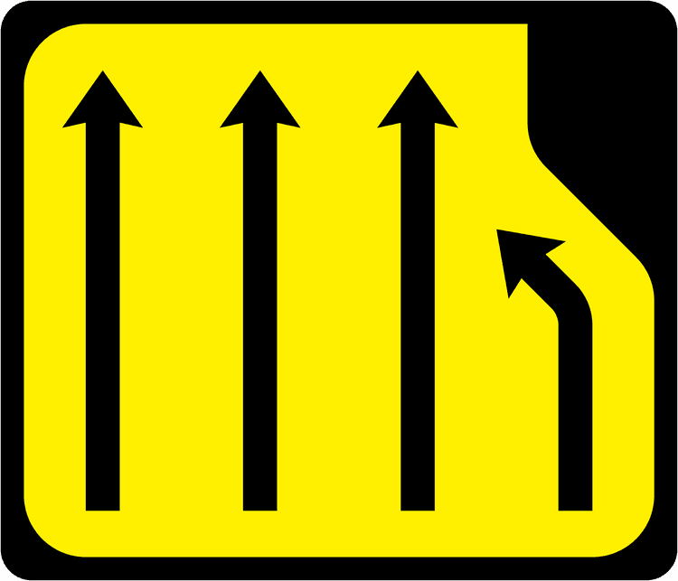 A triangular warning traffic sign in Ireland depicting lane loss (four to three lanes) - right. Memorize for DTT.