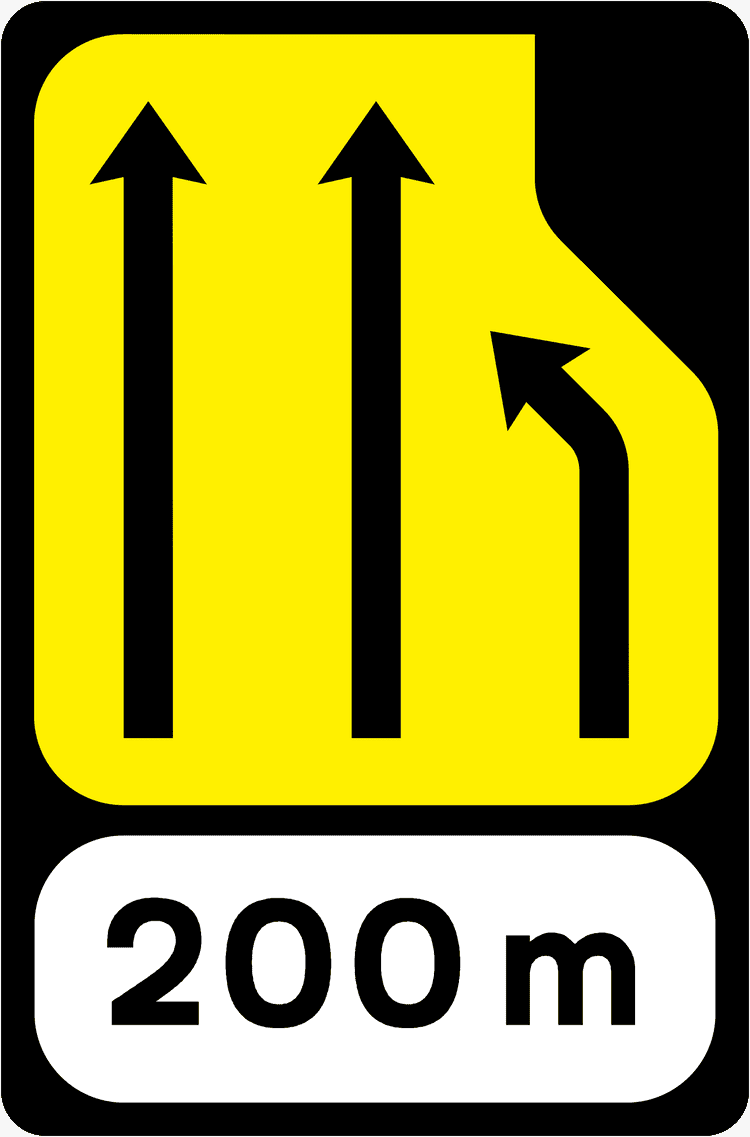 Irish Warning Sign: Lane Loss (Three to Two Lanes) - Right (with 200m panel) - Driving Theory Test Prep A triangular warning traffic sign in Ireland depicting lane loss (three to two lanes) - right (with 200m panel). Memorize for DTT.