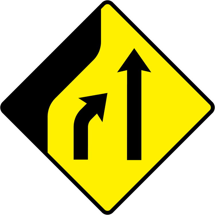 A triangular warning traffic sign in Ireland depicting lane loss (two to one lane) - left. Memorize for DTT.
