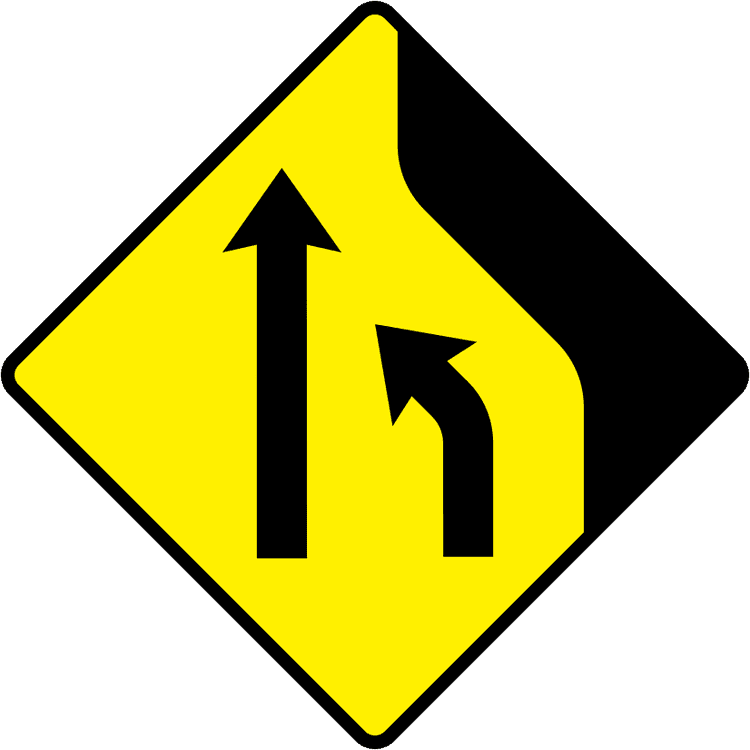 A triangular warning traffic sign in Ireland depicting lane loss (two to one lane) - right. Memorize for DTT.