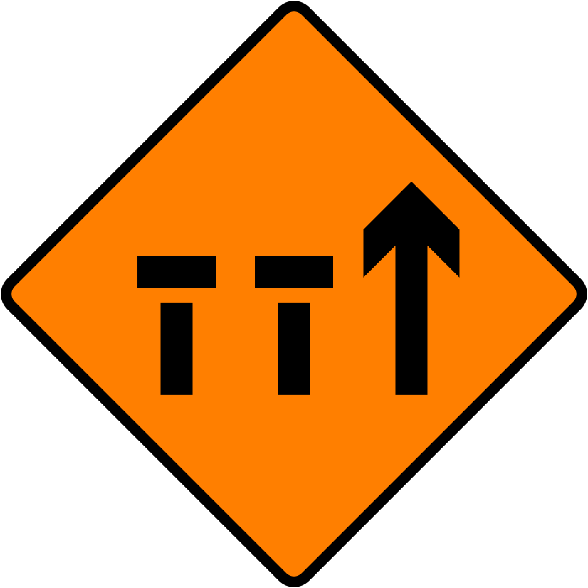 A common road sign in Ireland for lanes 1 & 2 of 3 closed (level 1). Driving Theory Test revision.