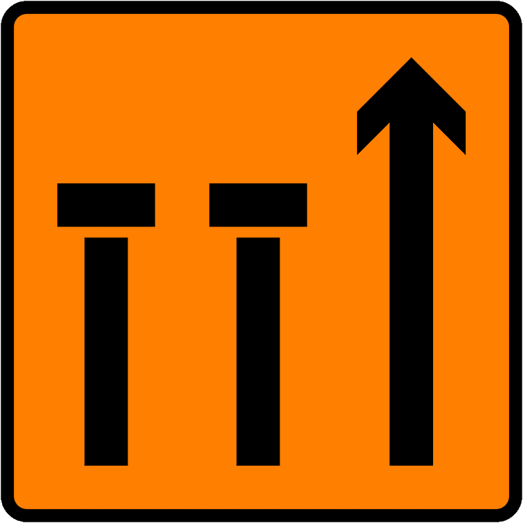 Irish Traffic Sign: Lanes 1 & 2 of 3 Closed (Level 3) A common road sign in Ireland for lanes 1 & 2 of 3 closed (level 3). Driving Theory Test revision.