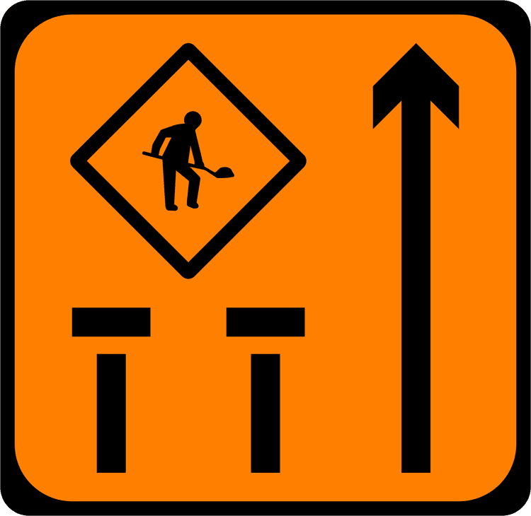 A common road sign in Ireland for lanes 1 & 2 of 3 closed mlc. Driving Theory Test revision.