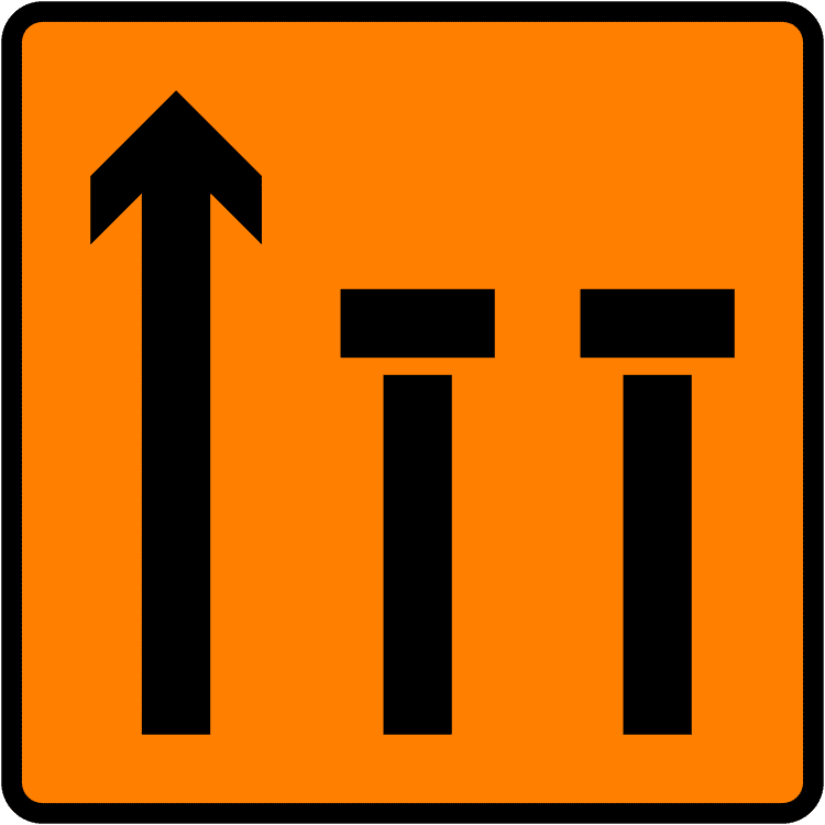Irish Traffic Sign: Lanes 2 & 3 of 3 Closed (Level 3) A common road sign in Ireland for lanes 2 & 3 of 3 closed (level 3). Driving Theory Test revision.