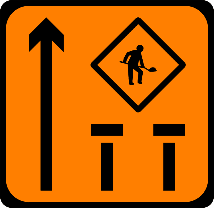 A common road sign in Ireland for lanes 2 & 3 of 3 closed mlc. Driving Theory Test revision.