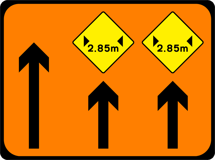 A common road sign in Ireland for lanes 2 & 3 of 3 narrow (advance). Driving Theory Test revision.