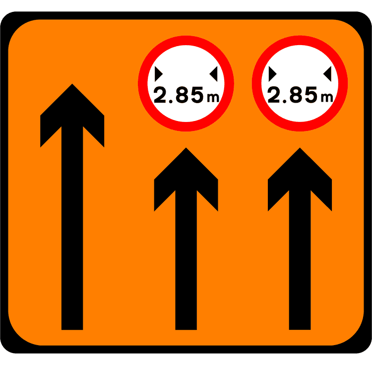Irish Traffic Sign: Lanes 2 & 3 of 3 Narrow A common road sign in Ireland for lanes 2 & 3 of 3 narrow. Driving Theory Test revision.