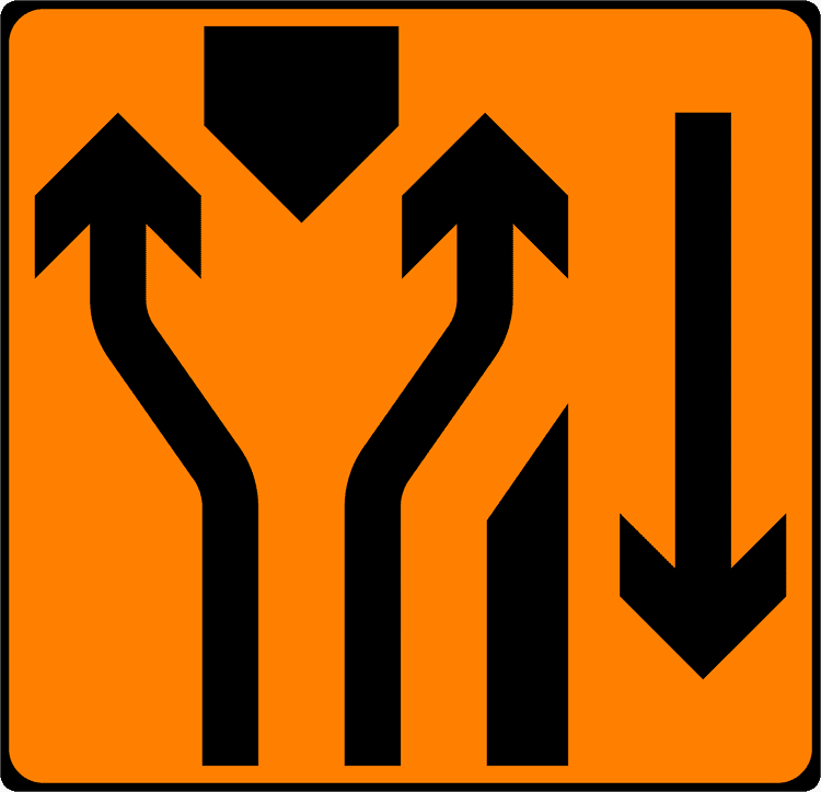 Irish Traffic Sign: Lanes Diverge at Crossover A common road sign in Ireland for lanes diverge at crossover. Driving Theory Test revision.