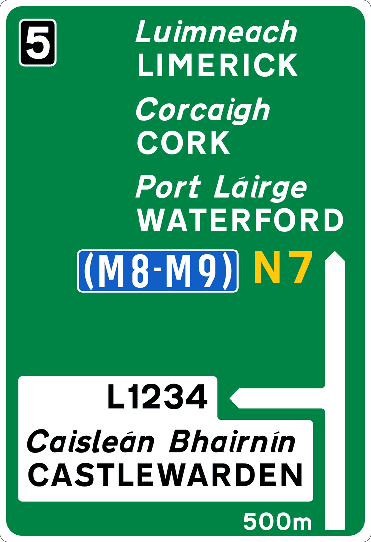 A common road sign in Ireland for map type advance direction sign (national road). Driving Theory Test revision.