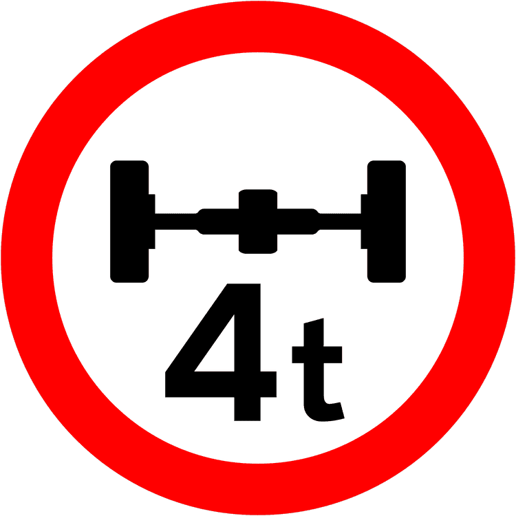 A triangular warning traffic sign in Ireland depicting maximum axle weight. Memorize for DTT.