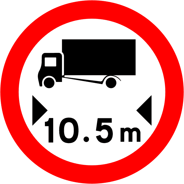 Irish Warning Sign: Maximum Vehicle Length - Driving Theory Test Prep A triangular warning traffic sign in Ireland depicting maximum vehicle length. Memorize for DTT.