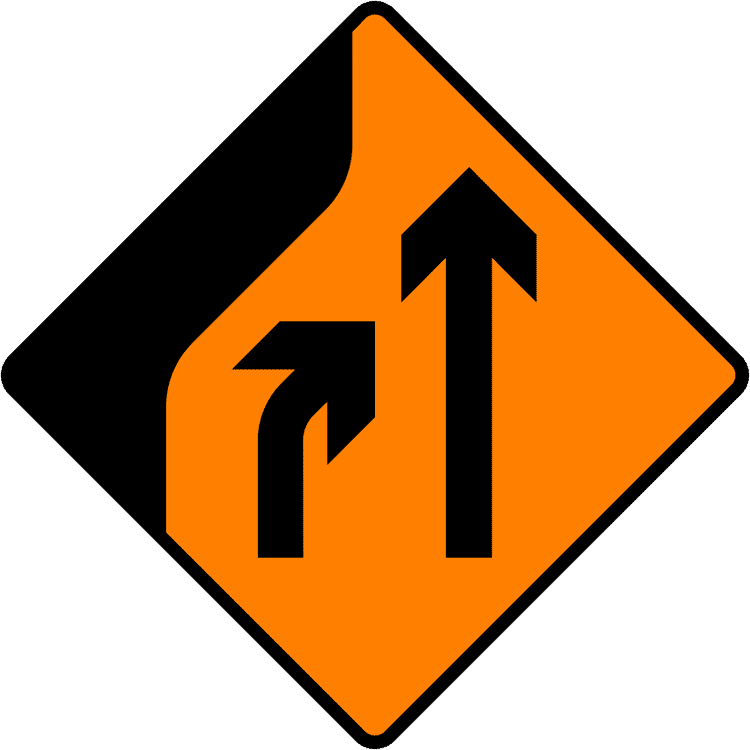 A common road sign in Ireland for merge to the right. Driving Theory Test revision.