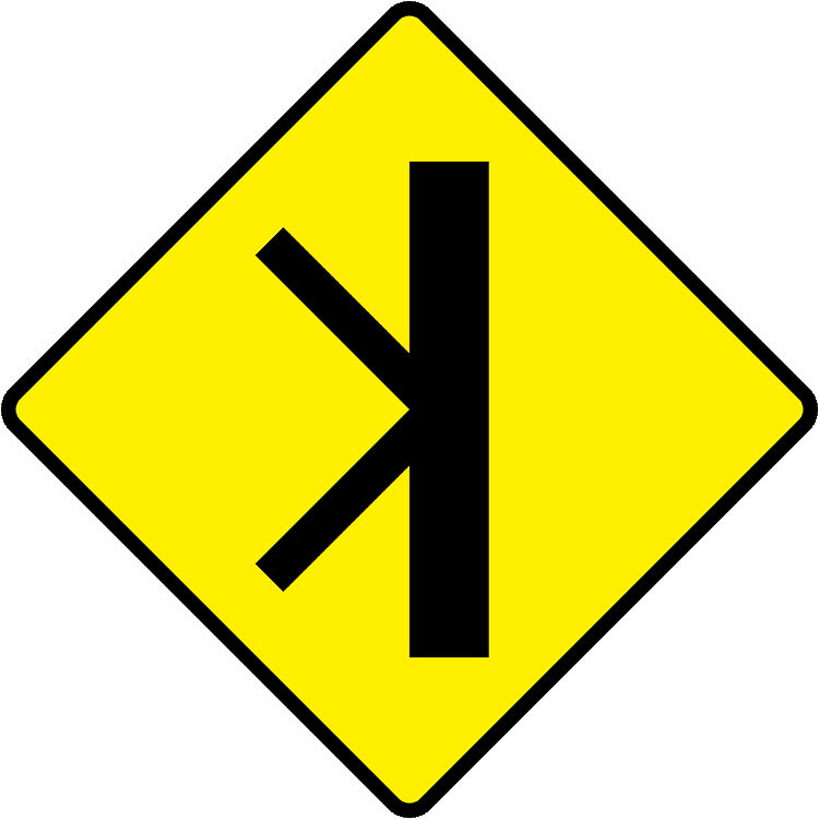 Irish Warning Sign: Merging and Diverging Traffic - Driving Theory Test Prep A triangular warning traffic sign in Ireland depicting merging and diverging traffic. Memorize for DTT.