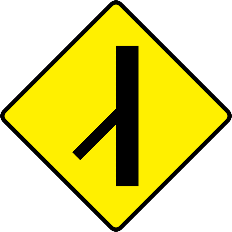 Irish Warning Sign: Merging Traffic From Left - Driving Theory Test Prep A triangular warning traffic sign in Ireland depicting merging traffic from left. Memorize for DTT.