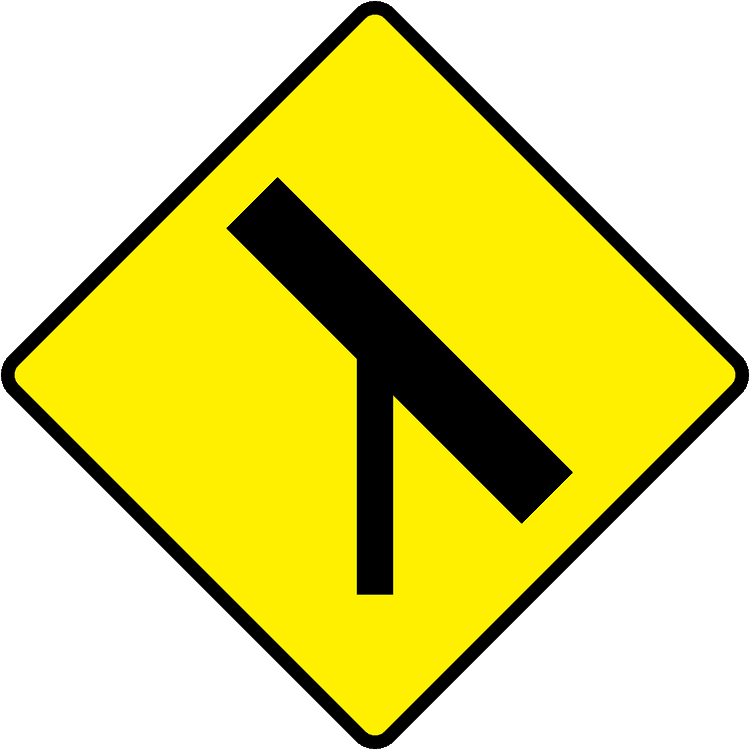 A triangular warning traffic sign in Ireland depicting merging with traffic from right. Memorize for DTT.