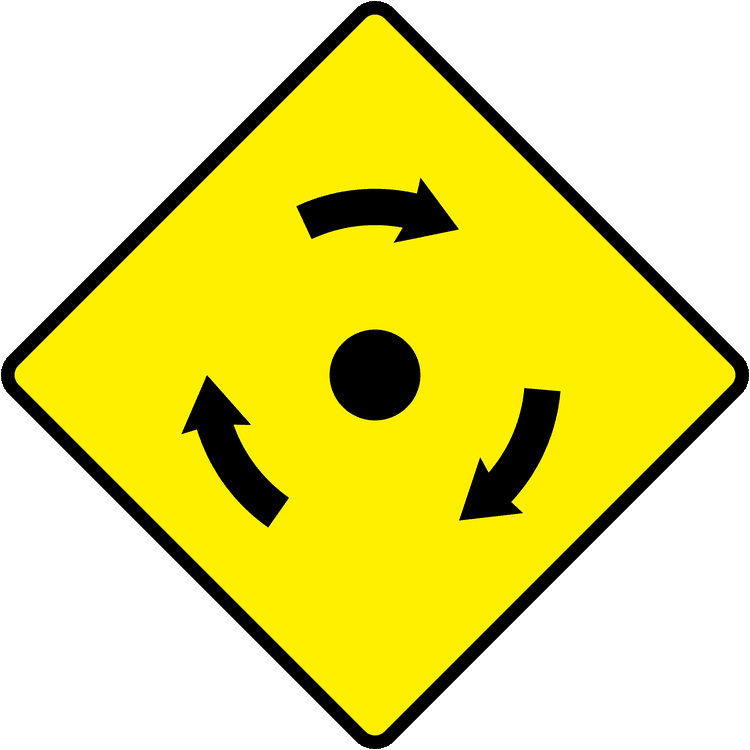 Irish Warning Sign: Mini Roundabout Ahead - Driving Theory Test Prep A triangular warning traffic sign in Ireland depicting mini roundabout ahead. Memorize for DTT.