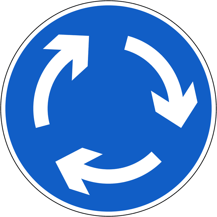Ireland Regulatory Sign: Mini Roundabout (DTT Rules) A regulatory road sign in Ireland enforcing mini roundabout. Essential for the Driving Theory Test.