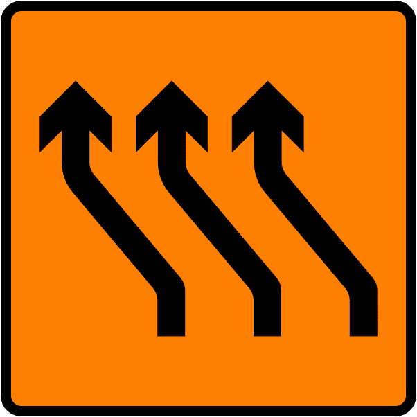 A common road sign in Ireland for move to left (three lanes). Driving Theory Test revision.