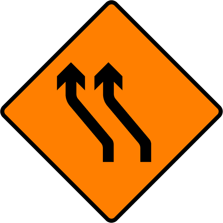 A common road sign in Ireland for move to left (two lanes). Driving Theory Test revision.