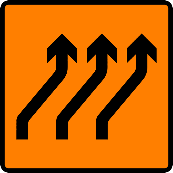 A common road sign in Ireland for move to right (three lanes). Driving Theory Test revision.