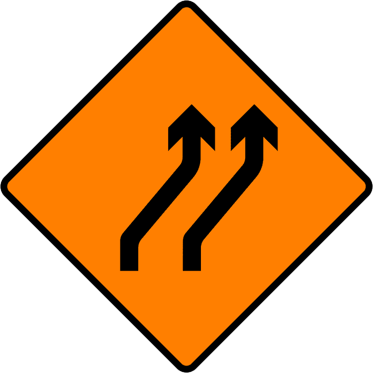 A common road sign in Ireland for move to right (two lanes). Driving Theory Test revision.