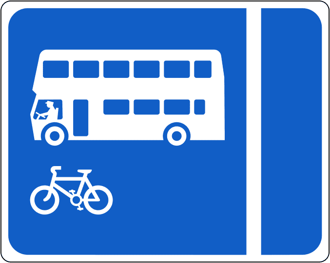 Ireland Regulatory Sign: Nearside With-flow Bus Lane (DTT Rules) A regulatory road sign in Ireland enforcing nearside with-flow bus lane. Essential for the Driving Theory Test.