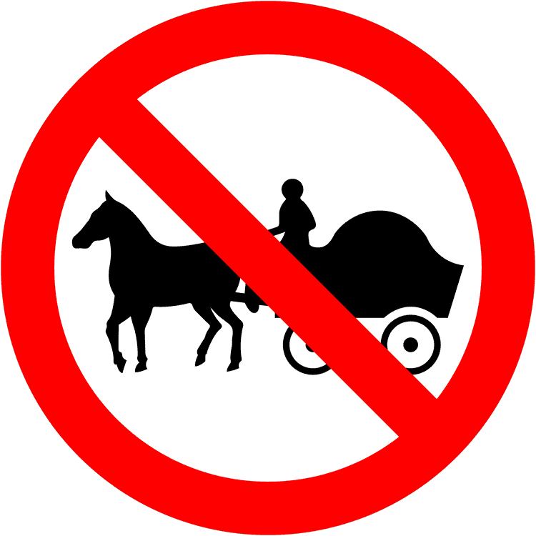 Ireland Regulatory Sign: No Horse and Carts (DTT Rules) A regulatory road sign in Ireland enforcing no horse and carts. Essential for the Driving Theory Test.