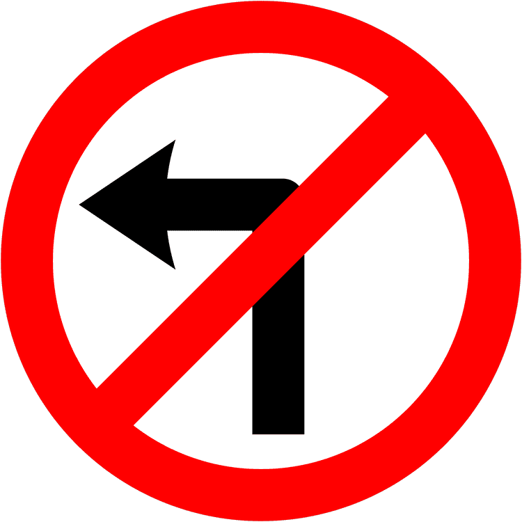 A regulatory road sign in Ireland enforcing no left turn. Essential for the Driving Theory Test.