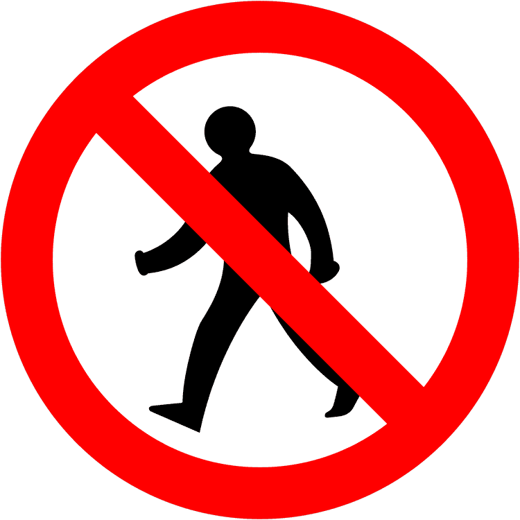 A regulatory road sign in Ireland enforcing no pedestrians. Essential for the Driving Theory Test.