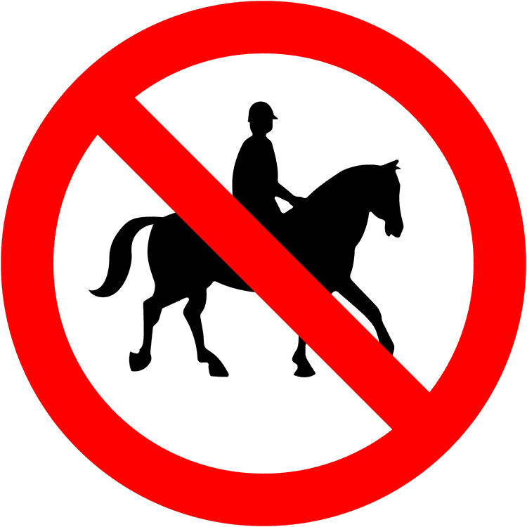 A regulatory road sign in Ireland enforcing no ridden or accompanied horses. Essential for the Driving Theory Test.