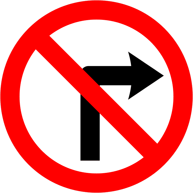 A regulatory road sign in Ireland enforcing no right turn. Essential for the Driving Theory Test.