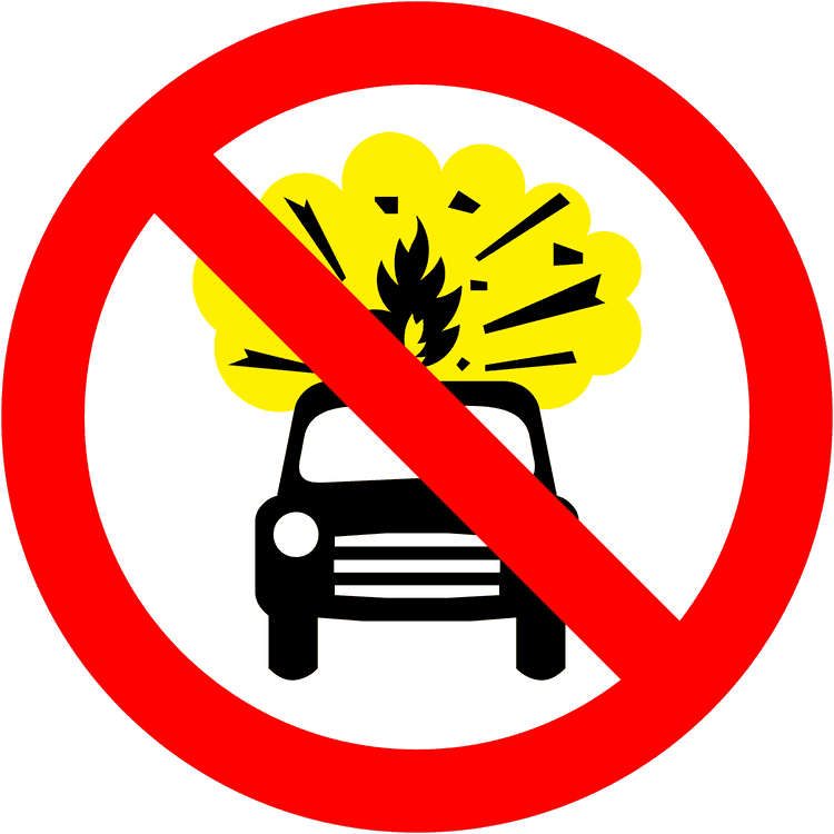 A regulatory road sign in Ireland enforcing no vehicles carrying explosives. Essential for the Driving Theory Test.