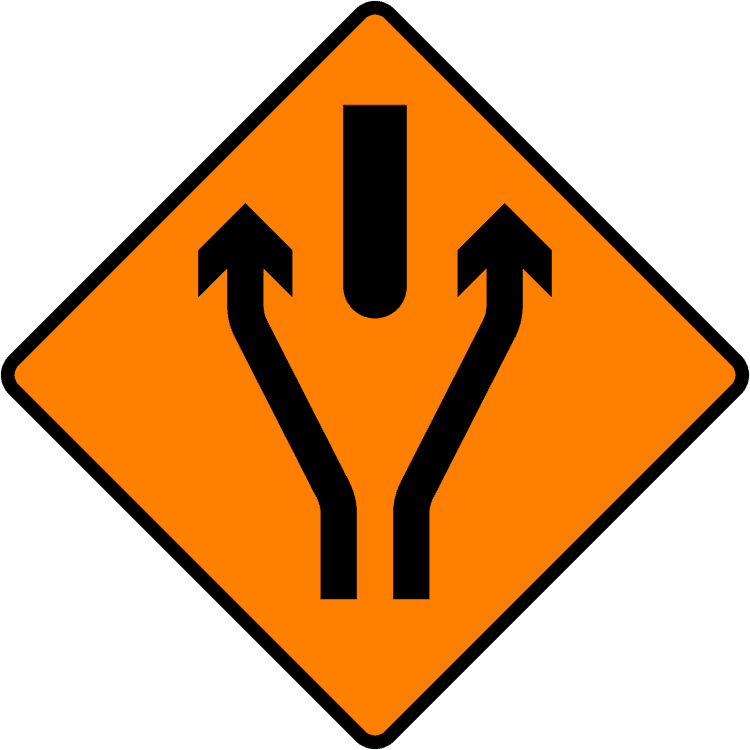 Irish Traffic Sign: Obstruction Between Lanes A common road sign in Ireland for obstruction between lanes. Driving Theory Test revision.