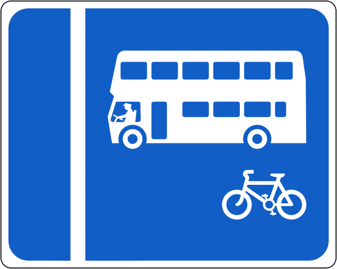 Ireland Regulatory Sign: Offside With-flow Bus Lane (DTT Rules) A regulatory road sign in Ireland enforcing offside with-flow bus lane. Essential for the Driving Theory Test.