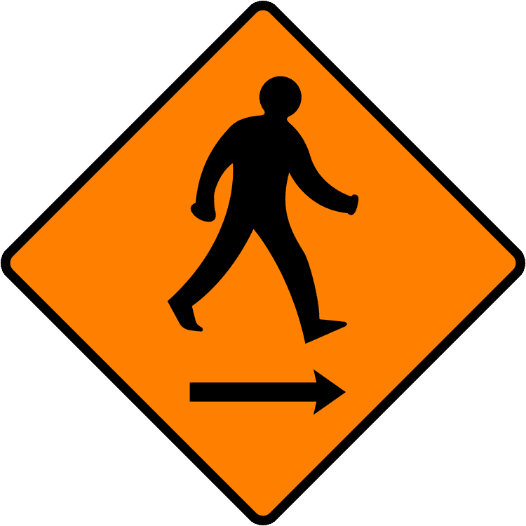 A common road sign in Ireland for pedestrians cross to right. Driving Theory Test revision.