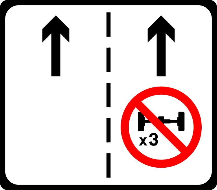 A regulatory road sign in Ireland enforcing prohibited axles in right hand lane. Essential for the Driving Theory Test.