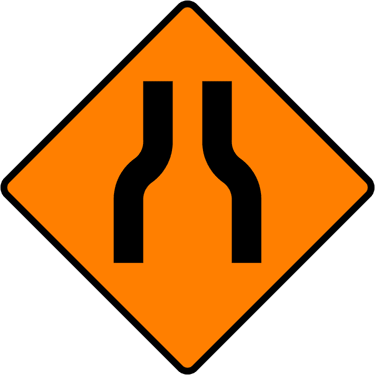 A common road sign in Ireland for road narrows on both sides. Driving Theory Test revision.