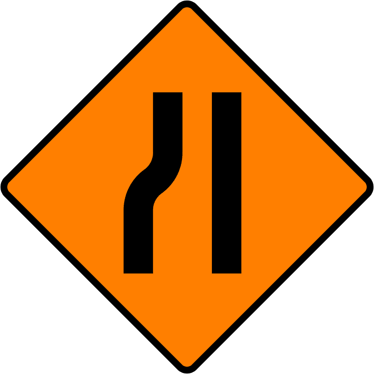 A triangular warning traffic sign in Ireland depicting road narrows on left. Memorize for DTT.