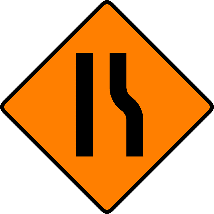 A triangular warning traffic sign in Ireland depicting road narrows on right. Memorize for DTT.