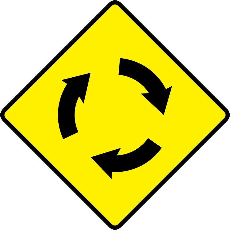 A triangular warning traffic sign in Ireland depicting roundabout ahead. Memorize for DTT.