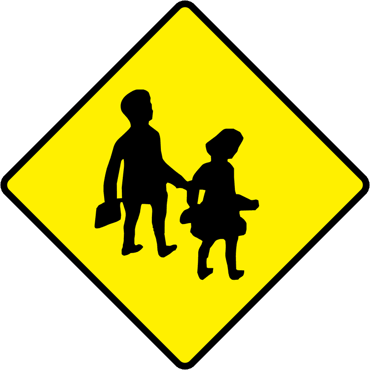 Irish Warning Sign: School Ahead - Driving Theory Test Prep A triangular warning traffic sign in Ireland depicting school ahead. Memorize for DTT.