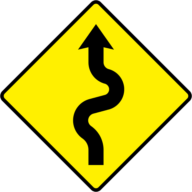 A triangular warning traffic sign in Ireland depicting series of sharp bends - left. Memorize for DTT.